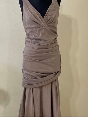 THEIA TAUPE FORMAL, Prom, Gala, Ball RUCHED GOWN V NECK  sz. 14
